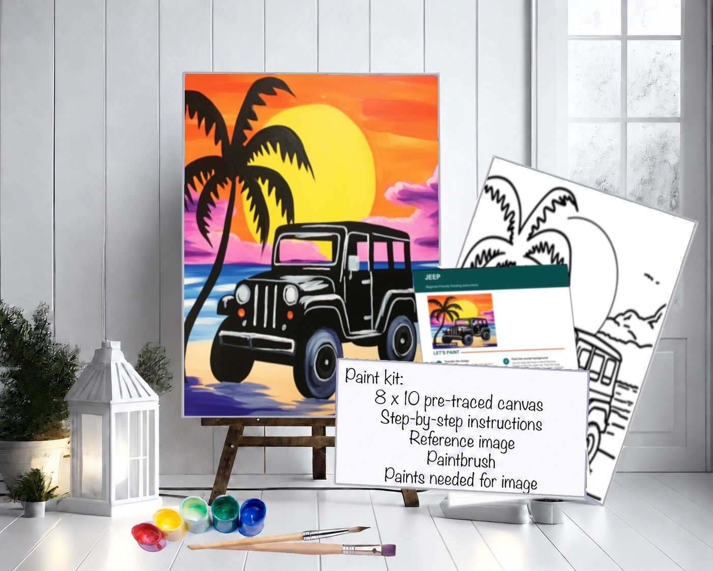 Painting kit sunset jeep on beach painting