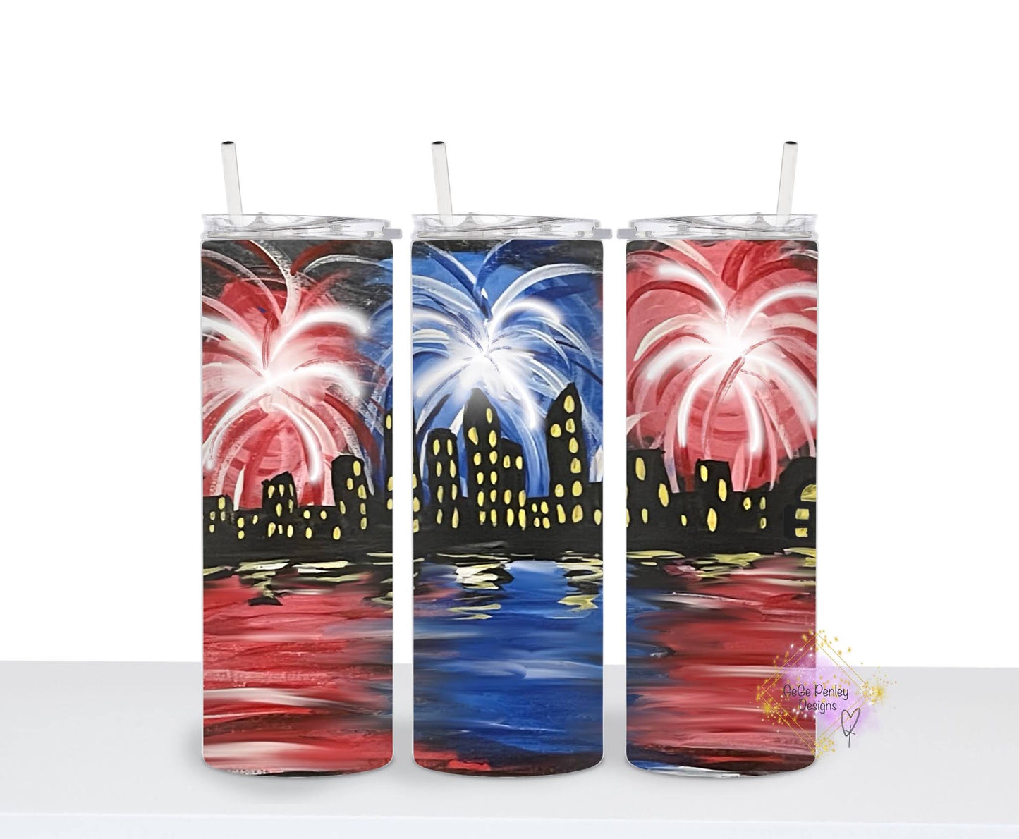 Hand painted city scape fireworks