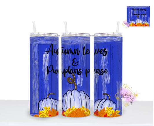 Autumn leaves and pumpkins please blue fence white pumpkins