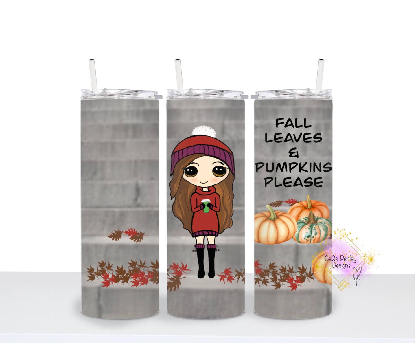 Fall leaves and pumpkins please chibi girl long brown hair