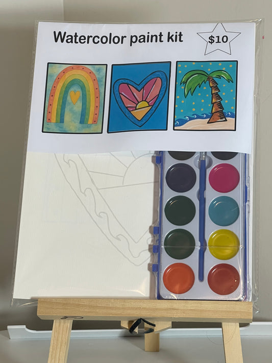 Watercolor paint kit rainbow, heart, palm tree