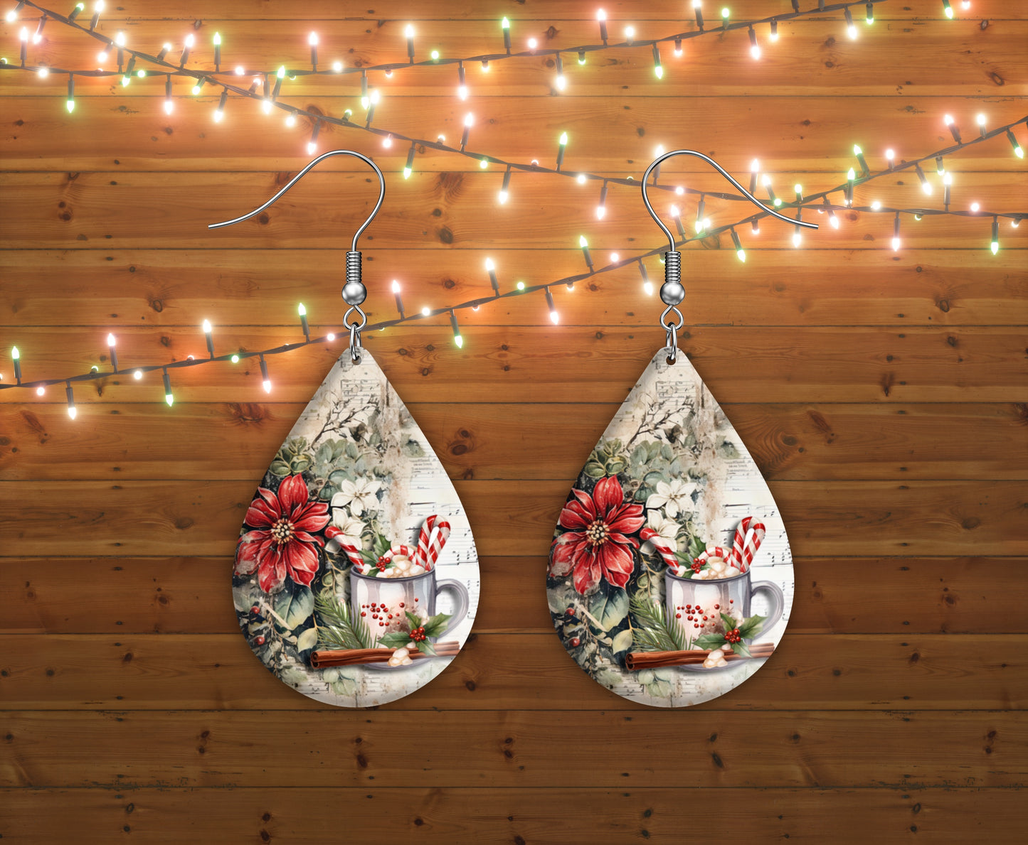 Poinsettia and hot chocolate teardrop earrings