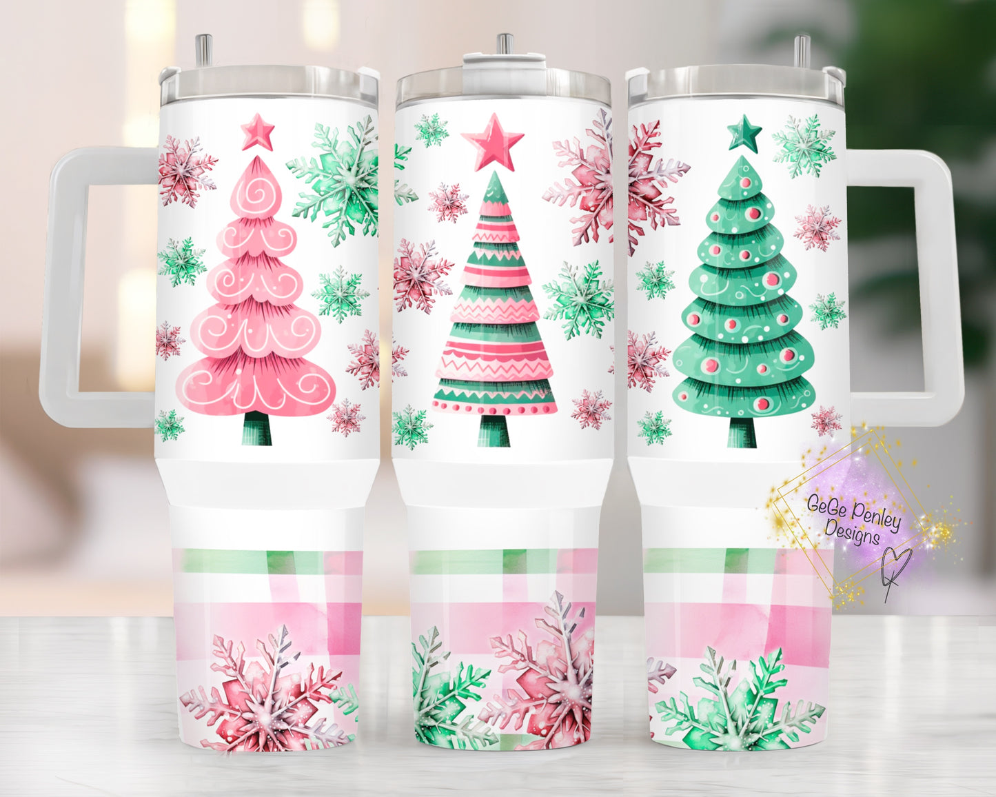 Pink-green plaid Christmas trees