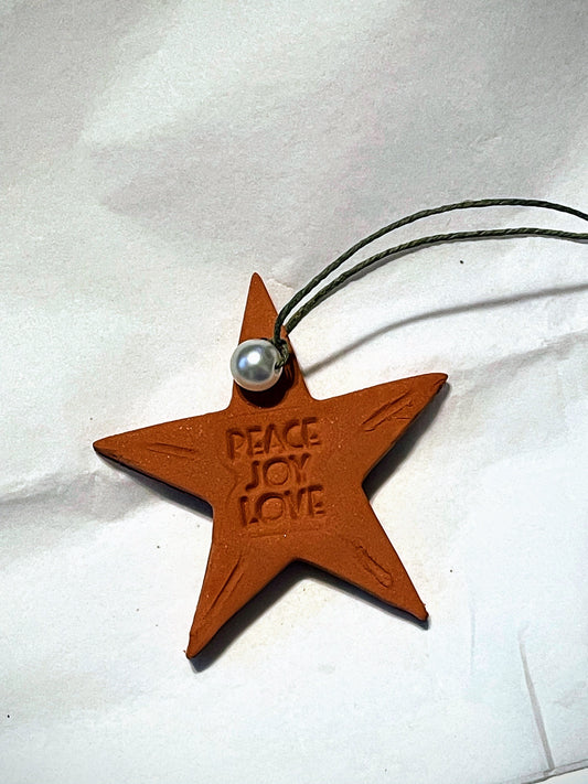 Peace joy love terracotta star ornament