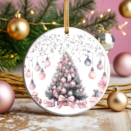 Christmas tree with pink ornaments