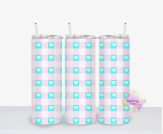 Blue/Pink heart plaid tumbler